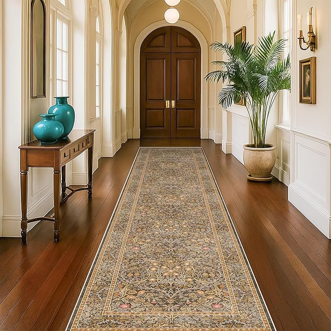 Brown 2'6" x 10' Hallway Runner Rug Non Slip - Stain Resistant Washable Kitcehn Rug, 10ft Extra Long Entryway Indoor Mats, Soft Boho Vintage Gold Brown Floral Indoor Décor