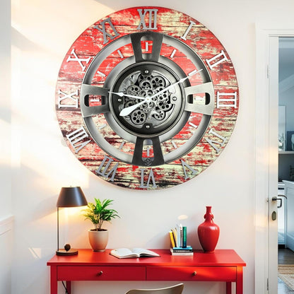 The Gears Clock Real Moving Gear Wall Clock England Line (Red Lava, 24 inches (60 cm))