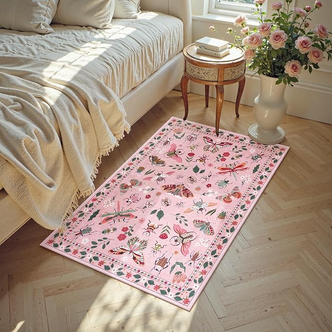 Lahome Insect Washable Rug, 2x3 Kitchen Rugs for Entryway Bathroom, Soft Door Mat Indoor Entrance Ultra-Thin, Small Non-Slip Throw Carpet for Bedroom Entry, Pink