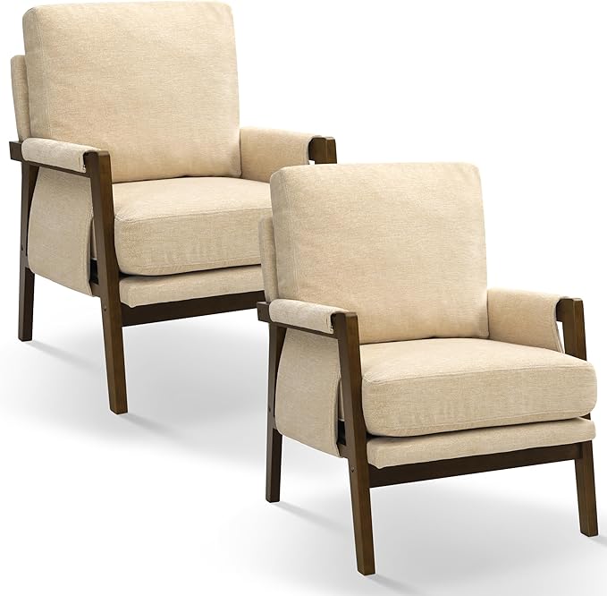 Accent Chairs for Living Room Set of 2, Modern Arm Chairs for Bedroom, Wooden Upholstered Mid Century Accent Chairs, Beige