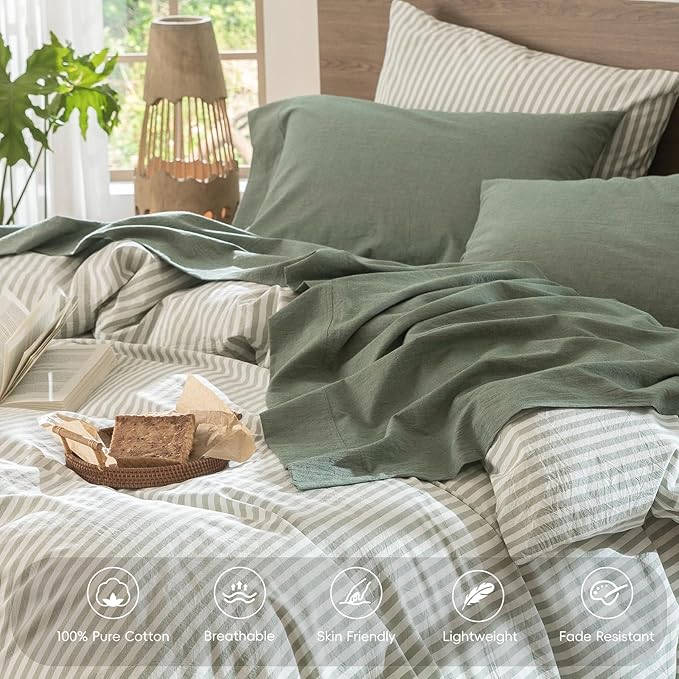 MooMee Bedding Sheet Set 100% Washed Cotton Linen Like Textured Breathable Durable Soft Comfy (Heathered Green, Full)