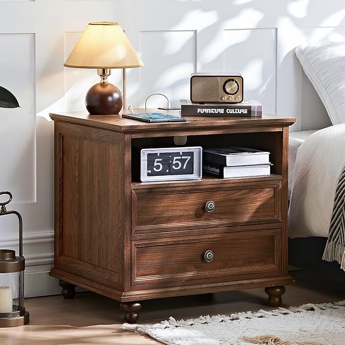 24" Wide Farmhouse Nightstand Set of 2 with Charging Station,End Table with 2 Drawers,Brown Wood Dresser for Bedroom Cabinet, Bed Side Table Chest of Drawers, Night Stand for Living Room