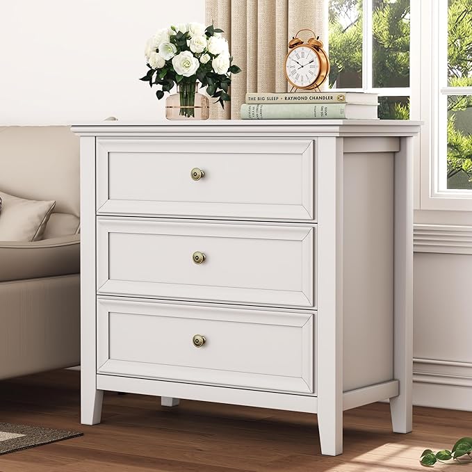 Farmhouse White 3-Drawer Dresser for Bedroom - 31.5" Wide 3 Chest of Drawers Storage Organizer Cabinet as Nightstand or Bedside Dresser