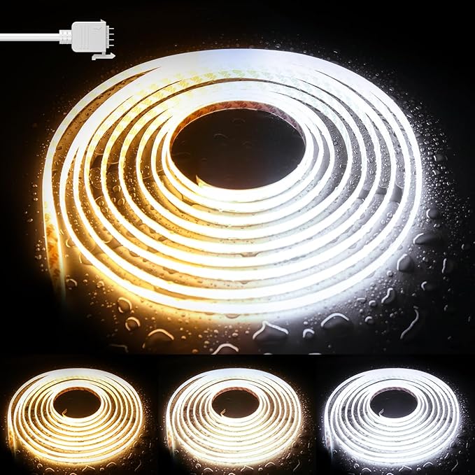 PAUTIX COB LED Strip Light CCT Tunable White IP65 Waterproof,CRI90+ 16.4ft/5m 2700K-6500K Dimmable 24V LED Tape Light,for Under Cabinet Bedroom Kitchen DIY Lighting(Adapter&Controller NOT Included)
