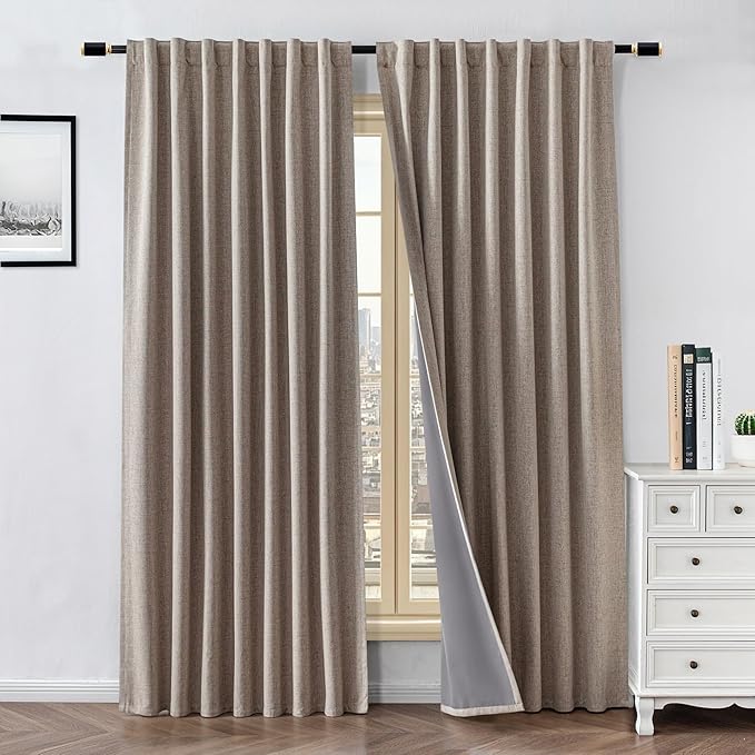 100% Blackout Curtains for Living Room, 96 Inch Curtains 2 Panel Set Light Blocking, Back Tab & Rod Pocket Thermal Insulated Drapes Bedroom Windows Home Decor(52W × 96L inch, Linen)