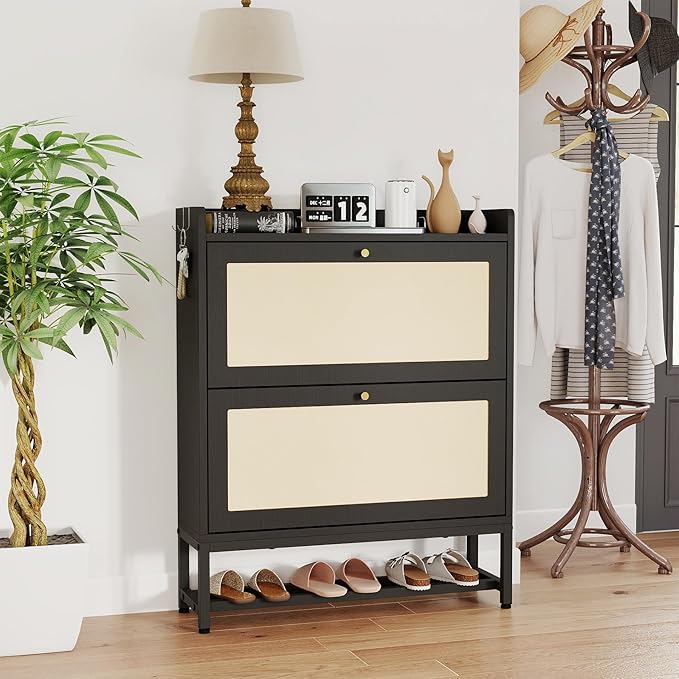 Slim Entryway Shoe Storage Cabinet with 2 Flip Drawers, Modern Freestanding Shoes Organizer Holds 16-20 Pairs, Closed Shoe Storage for Hallway, Foyer - Space-Saving Wood Shoe Cabinet