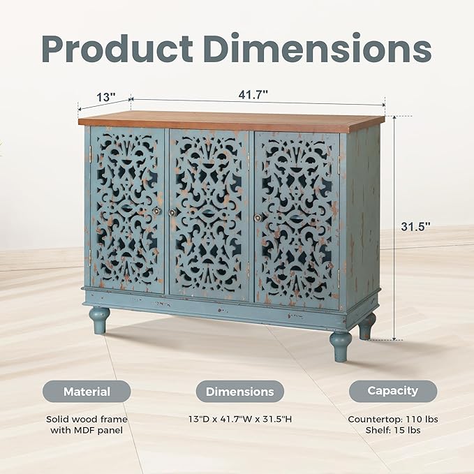 PHI VILLA Accent Cabinet with Doors - Buffet Sideboard Distressed Cupboard for Living Room/Dining Room/Hallway, Blue Storage Cabinet