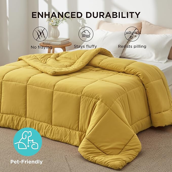 Bedsure Comforter Duvet Insert - Quilted Comforters Full Size, All Season Duvet, GentleSoft Down Alternative Bedding, with 8 Tabs, Gifts for Women/Men, Mustard Yellow, Full 86 x 82 Inches