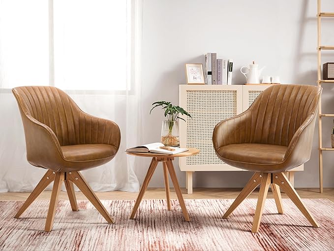 Zouron Mid Century Modern Accent Chairs with Wooden Legs, Swivel Desk Chair No Wheels, Faux Leather Vanity Side Chair for Small Space Home Office Living Room Bedroom, Brown