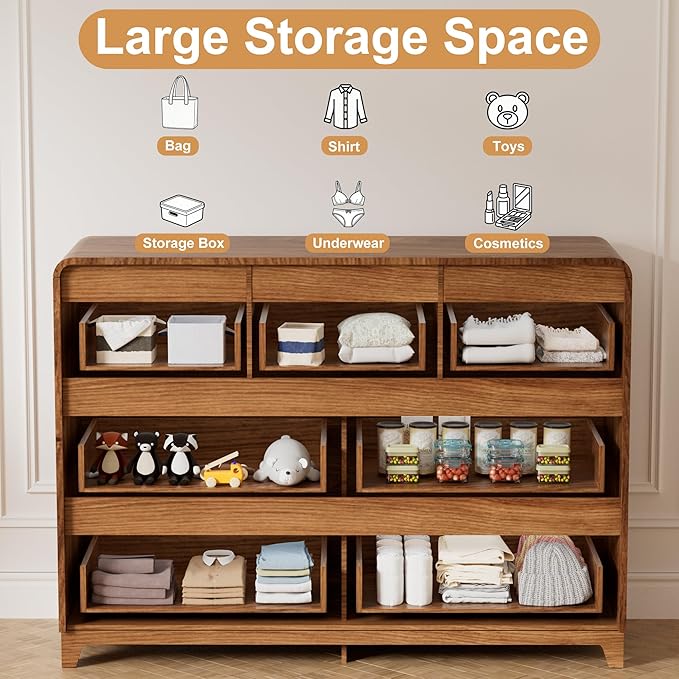 3 Pcs Dresser Closet Bedroom Set, 7 Drawer Fluted Dresser and Nightstand Set of 2 with Charging Station, Modern Bed Side Table Chest of Drawers Storage Cabinet Set for Bedroom, Living Room, Walnut