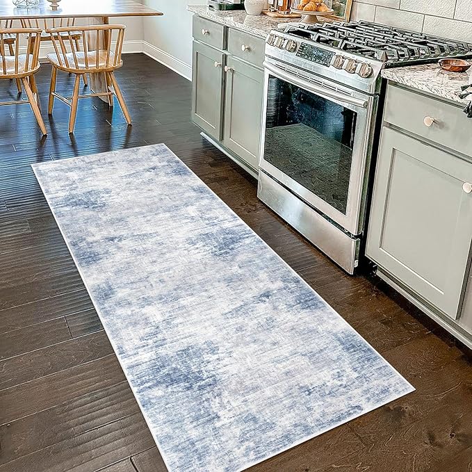 IOHOUZE Abstract Runner Rug 2x7 Ft Washable Runners for Hallways, Non Slip Kitchen Runner Printed Faux Wool Entryway Runners Indoor, Modern Floor Carpet for Hall Kitchen Bedroom, Light Blue White