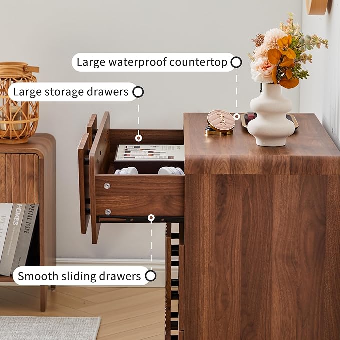 3 Drawer Dressers for Bedroom, 31.5" Wide Large Mid Century Modern Fluted Nightstand, Wood Dresser & Chest of Drawers with Curved Profile for Living Room, Entryway, Hallway, Walnut