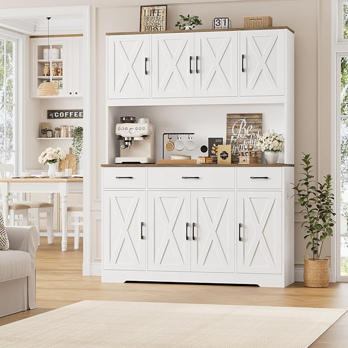 HOSTACK 71" Tall Pantry Cabinet with Charging Station, 55" Wide Kitchen Pantry Storage Cabinet with Countertop, Large Kitchen Hutch with Storage Drawers and Doors for Dining Room, Living Room, White