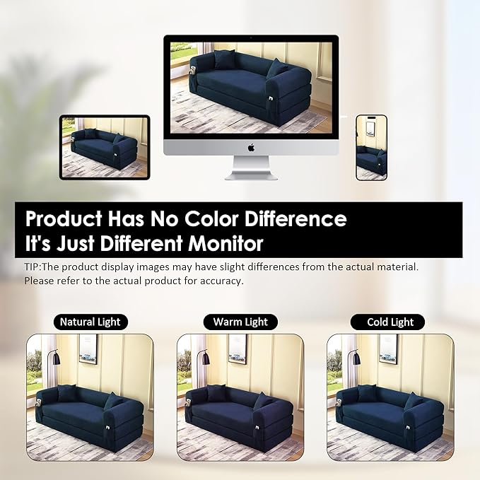 80" Convertible Sofa Bed, Corduroy Deep Seat Folding Pull Out Couch with Pillows, No Assembly Modern Boneless Couch Compression Sofa in Box, Floor Sofa with Storage Pocket for Living Room,Navy Blue