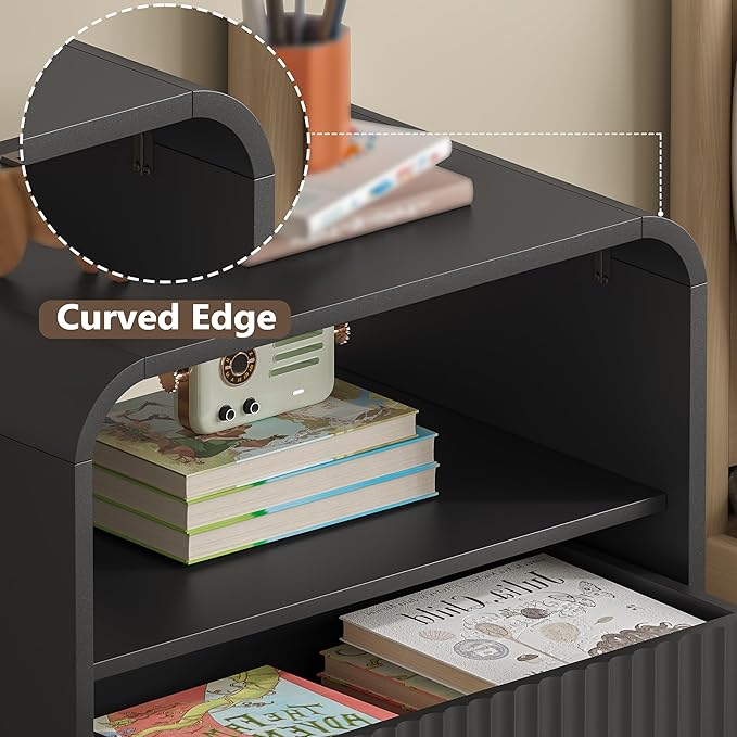 Dresser with 2 Drawers and Charging Station, Fluted Bedside Table with Round Curved Corner, Hidden Handles, 2 AC Outlets and 2 USB Ports, Modern Wood End Table with Open Shelf for Bedroom