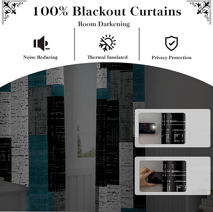 Rustic Blue Grey 100% Blackout Curtains for Bedroom 96 inch Long 2 Panels Set Gray Modern Abstract Geometric Black Out Curtains Insulated Room Darkening Window Drapes for Living Room, 52Wx96L