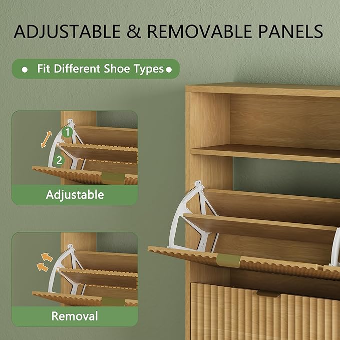 Shoe Cabinet with 4 Flip Drawers, 46" Tall Hidden Fluted Shoe Storage Organizer for Entryway, Narrow Slim Wooden Shoe Rack Cabinet for Front Door Entrance, Hallway, Living Room, Natural Oak