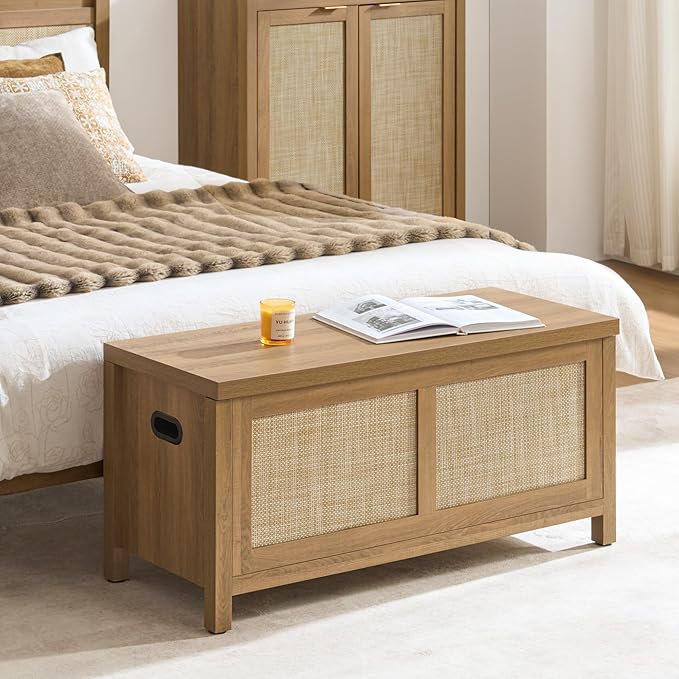 SICOTAS Rattan Storage Chest - 39.4" Storage Bench for Bedroom, Boho Storage Truck with 2 Safety Hinges and Flip Top for Living Room Entryway, Supports 220 lb, Oak