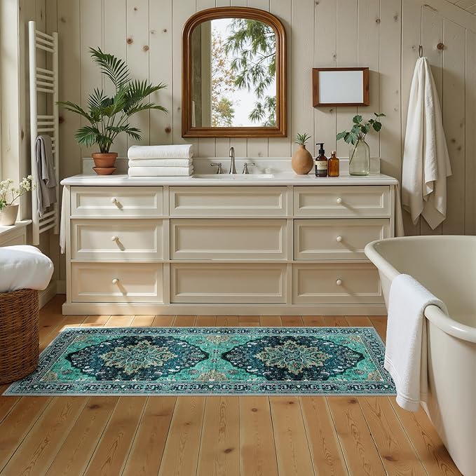 Area Rugs 2'x5' Washable Non-Slip, Floral Vintage Distress Print Pattern Medallion Carpet for Living Room Bedroom Dining Room, Teal Green Lake Blue Turquoise