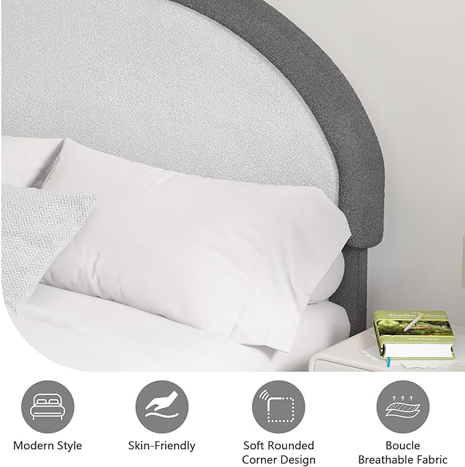 Queen Bed Frame, Boucle Upholstered Platform Bed Frame with Headboard, Grey Bed Frame, Soft Rounded Corners, No Box Spring Required, Easy Assembly