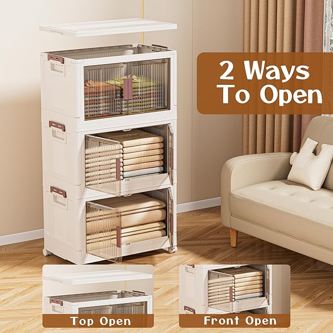 60GAL/240QT 4 tier large stackable storage bins with lid and wheels, collapsible storage bins plastic with doors，suit for clothes, closet, home and office