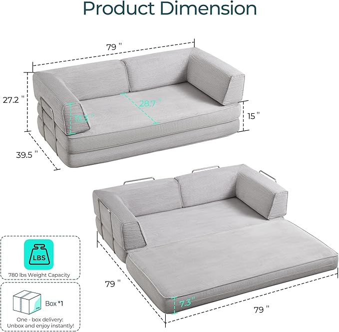 LINSY HOME 79'' Convertible Sofa Bed - Sleeper Sofa Compression Folding Loveseat Sleeper - Foldable Corduroy Couch Bed for Living Room Bedroom - Modular Sectional Compressed Sofa in Box, Grey