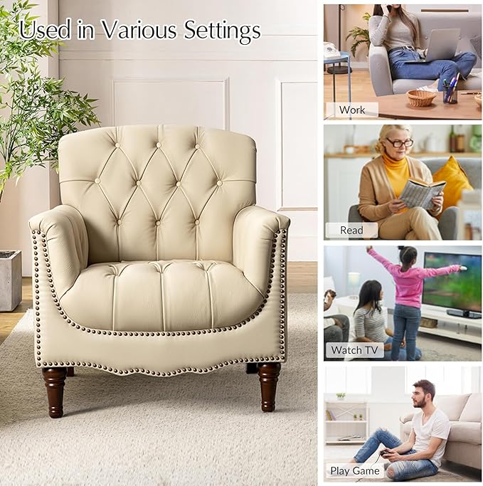 HULALA HOME Mid Century Modern Leather Club Chairs, Top-Grain Genuine Leather Armchairs with Button-Tufted Back & Solid Wood Legs, Accent Chairs for Living Room/Bedroom/Home Office, Beige
