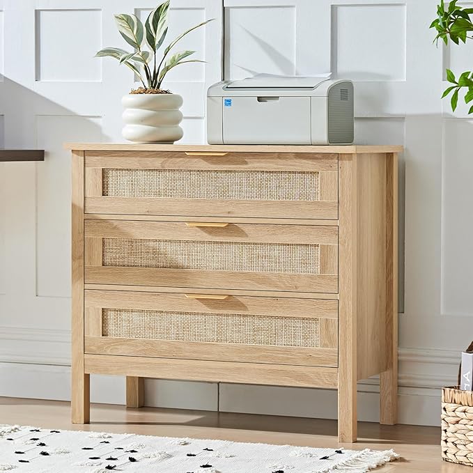 LEYAOYAO 31.5" Wide Rattan Nightstand, Large Boho 3 Drawer Night Stand, Natural Wood Bedside Table with Storage, Tall Bed Side End Tables, Chest of Drawers Dressers for Bedroom, Living Room, Hallway