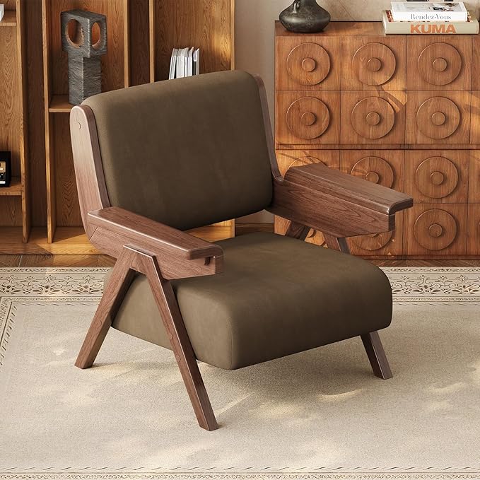 Accent Chair Mid Century Modern Chair, Velvet Upholstered Lounge Arm Chair with Solid Wood, Cozy Reading Chair for Living Room, Bedroom, Balcony (Coffee, Single Chair)