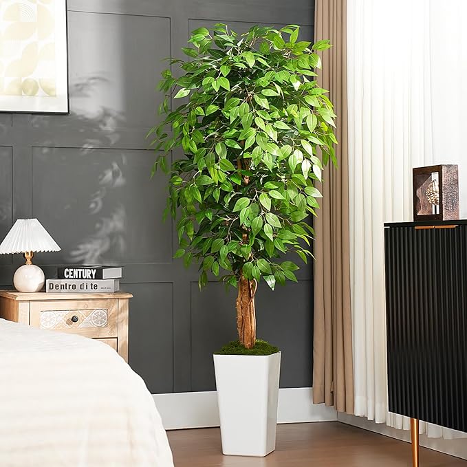 6ft Ficus Artificial Tree with 3 Natural Curved Trunks, 74" Tall Lush Faux Tree for Home Decor Indoor, Green Lifelike Fake Ficus Tree with White Planter Pot