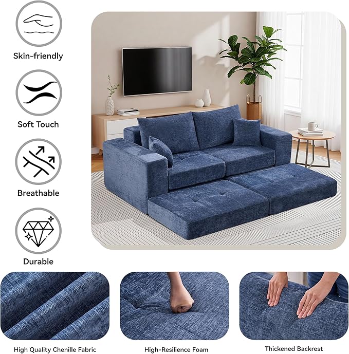 Boneless Sectional Loveseat Couch with Ottoman, Convertible Tufted Button Modular Floor Sleeper Sofa Bed, Comfy Foldable Compression Love Seat Sofa for Living Room, No Assembly, Blue