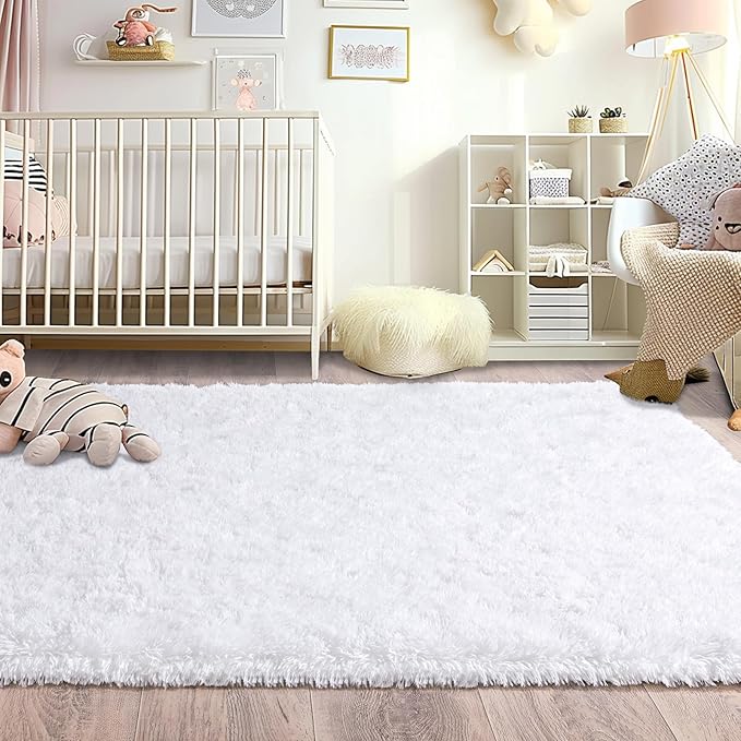 White Rugs for Living Room, Large Area Rug 6x9 Fluffy Shag Rug for Bedroom, Soft & Non Slip Fuzzy Thick Plush Carpet for Kids Room Dorm Home Decor