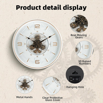 Maxstar Large Vintage Moving Gear Wall Clock, 20''Battery Operated Industrial Steampunk Metal Decor for Living Room, Office,Fireplace, Farmhouse(Arabic Number-Platinum Coating)