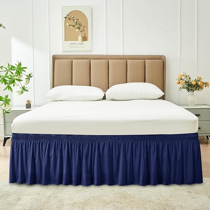 Biscaynebay Wrap Around Bed Skirts for King & Cal King Beds 14" Drop, Navy Adjustable Elastic Dust Ruffles Easy Fit Wrinkle & Fade Resistant Silky Luxurious Fabric Solid Machine Washable