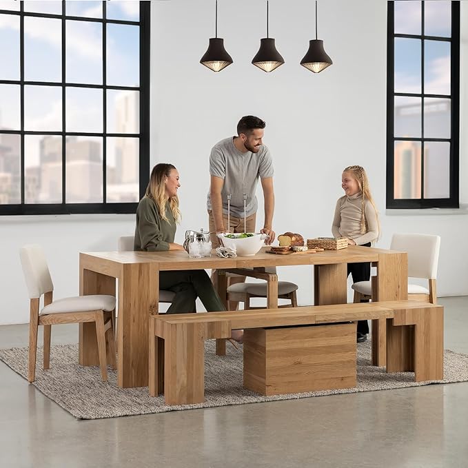 Transformer Table - Solid Wood Extendable Dining Table with Bench and 4 Stackable Chairs, Seats 2-12, Expandable Table, Natural (Table + Bench + 4 Chairs)