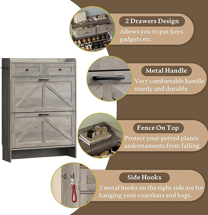 Shoe Storage Cabinet for Entryway, Farmhouse Narrow Shoe Cabinet with 2 Flip Drawers & Top Drawers, Adjustable Shelves & Hooks, Freestanding Hidden Rack Organizer for Hallway, Foyer