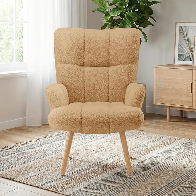 Joysoul Modern Accent Chair, High Back Arm Chair with Wood Legs Sofa Seat Teddy Fleece Fabric Reading Chair for Living Room Bedroom Waiting Room (Brown)