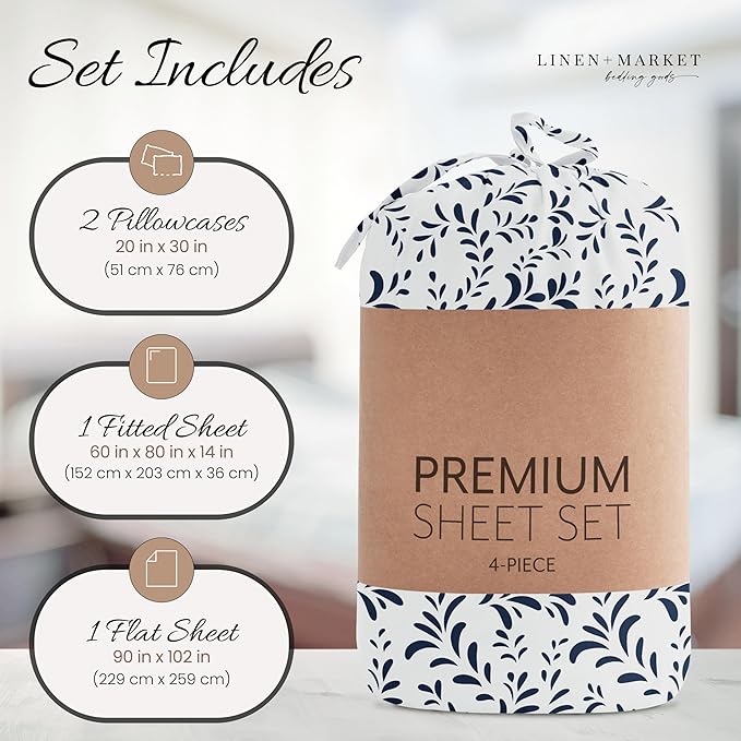 Linen Market Double-Brushed Patterned Microfiber Queen Sheet Set 4 Piece – Oeko-TEX Certified Ultra Soft & Wrinkle-Free - 16" Deep Pocket Sheets - Easy Care Queen Size - Burst of Vines Navy