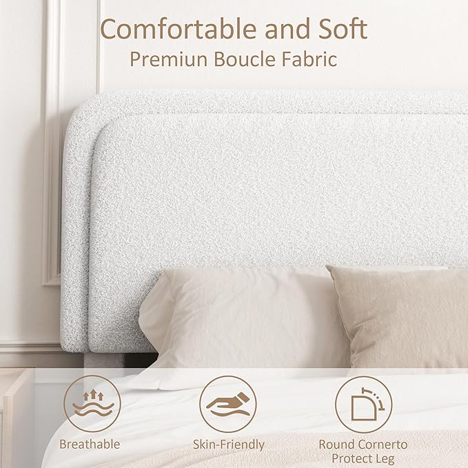 Full Size Boucle Platform Bed Frame, Upholstered Cloud with Adjustable Headboard, Anti-Collision Soft Rounded Corners, No Box Spring Required, Easy Assembly, Noise Free