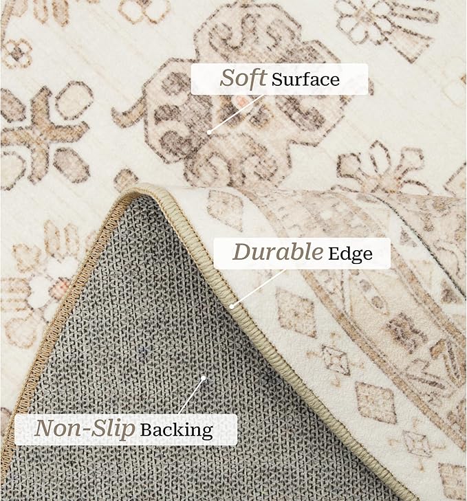 zesthome Washable Round Area Rugs - Non-Slip 6ft Round Rugs, Ultra-Thin Large Circle Rugs for Living Room, Soft Low Pile Rug for Bedroom, Kitchen, Nursery - Vintage Round Rug(Cream/Beige,6'x6')
