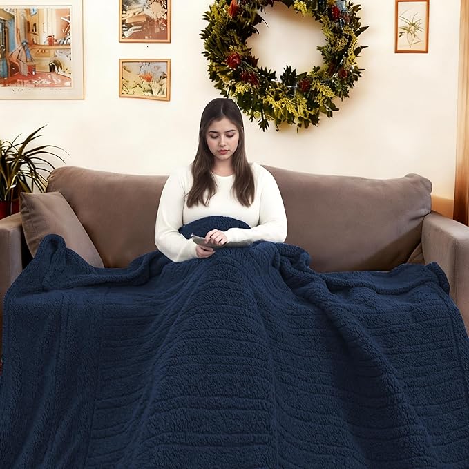 Electric Heated Blanket 6 Heating Settings & 3 H Auto Off Throw Size 50×60 Double Sided Plush Sherpa Ultra-Soft Warm Thick, Machine Washable, Fast Heating, Home Office Dark Blue