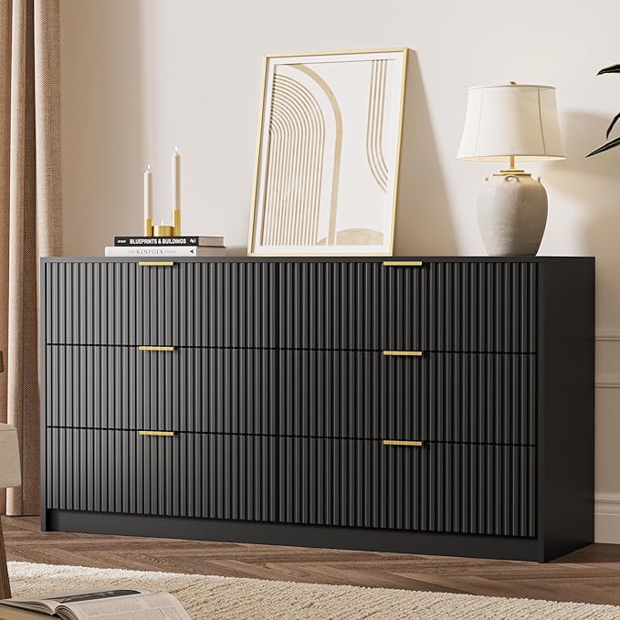 Black 6 Drawer Dresser for Bedroom, 55" Wide Modern Chest of Drawers with Gold Metal Handles, Fluted Wood TV Stand for Living Room, Hallway