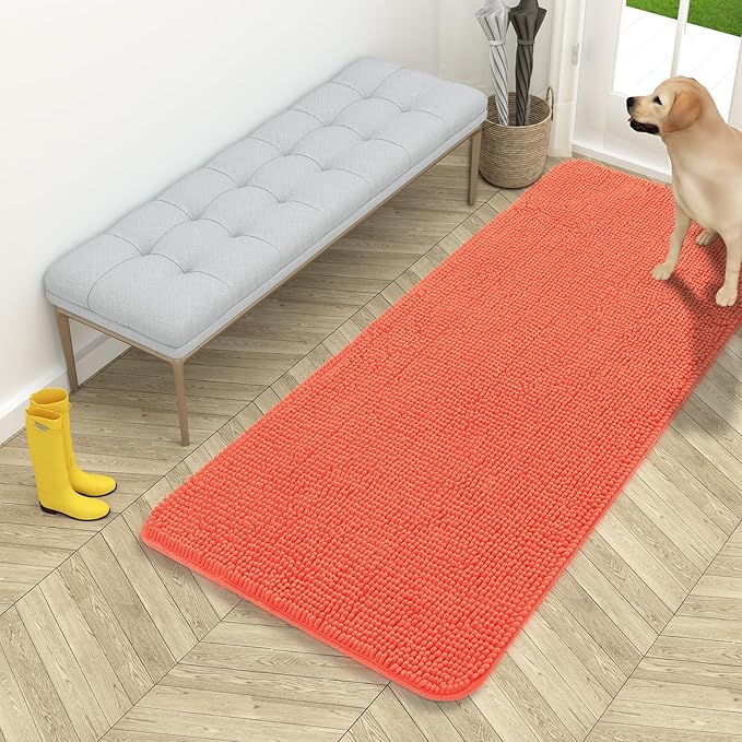 OLANLY Dog Door Mat for Muddy Paws 54x24, Absorbs Moisture and Dirt, Absorbent Non-Slip Washable Doormat, Quick Dry Chenille Mud Mat for Dogs, Entry Indoor Entryway Carpet for Inside Floor, Coral