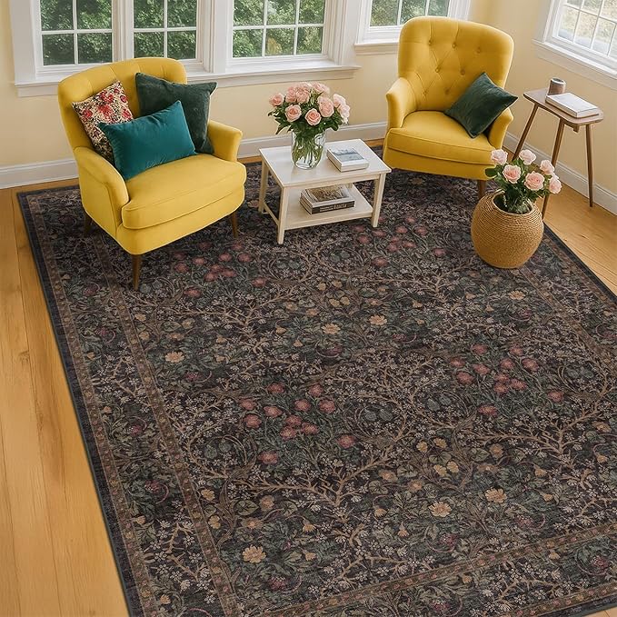 Dark Brown Washable Area Rug for Living Room - 6x9 Oriental Area Rug for Dining Room Under Table, Low Pile Non-Slip Floor Carpet for Bedroom - Vintage Botanical Floral Design & Stain Resistance