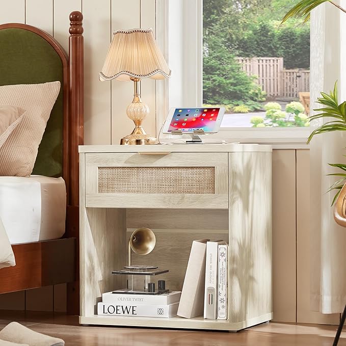 LEYAOYAO Rattan Dresser and Nightstand Set of 2, Boho Wood Dresser for Bedroom with 6 Drawers and Night Stand with Charging Station, Bedroom Furniture, Dressers & Chests of Drawers,Living Room,Hallway