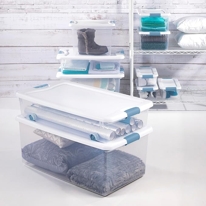 Sterilite 12-Pack Latching Box, Under Bed Storage Bins with Lids, Clear Plastic, 106 Quart - Heavy-Duty Organizing Containers for Closet, Bathroom, and Office