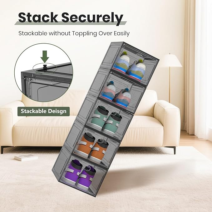 Thicken Hard Clear Shoe Storage Organizer for Closet, 12 Pack Modular Plastic Stackable Shoe Storage Box Organizer, Shoe Sneaker Rack Display Case Containers Bins with Lids, Grey