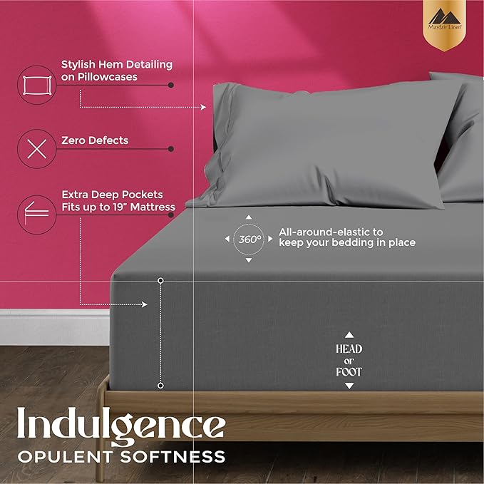 Mayfair Linen 100% Egyptian Cotton Split King Sheets Sets for Adjustable Bed - Luxury 1200 Thread Count Split Top King Sheets (5 PC, Dark Grey), Breathable, Cooling, Sateen Weave 17" Deep Pocket Sheet