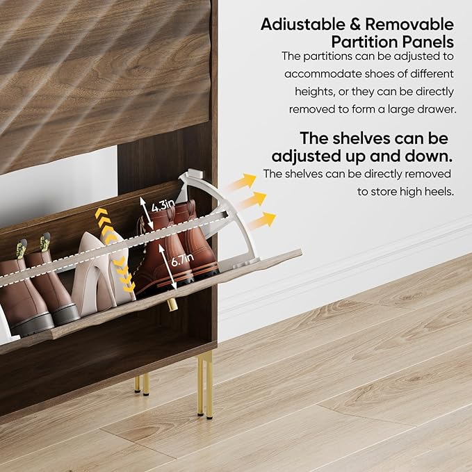 Vibe & Dine 2 Flip Drawer Shoe Cabinet, Modern Shoe Organizer for Entryway Slim, Freestanding Wood Shoe Rack Cabinet for Hallway, Bedroom, Living Room, Black Walnut