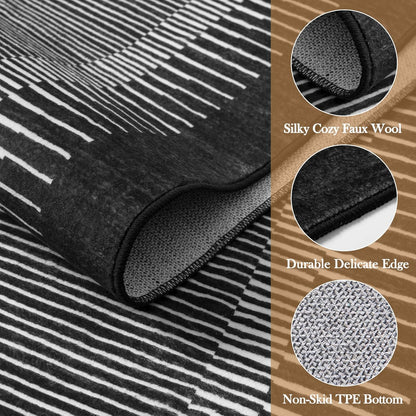 Wonnitar Washable Striped Black Runner Rug for Hallway 2'6"x8', Non-Slip Kitchen Runner Rug, Low Pile Minimalist Soft Rug Runner for Bedroom Hallway Bathroom Laundry Entryway (Black, 2'6" x 8')